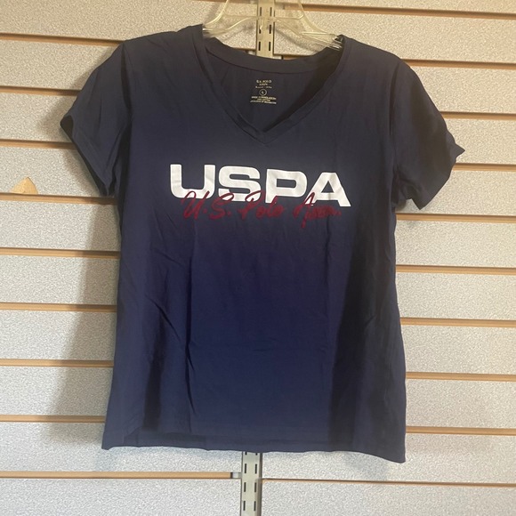 US Polo Assn V-Neck T-Shirt Womens Large Short Sleeve Navy Blue Logo - Picture 1 of 3